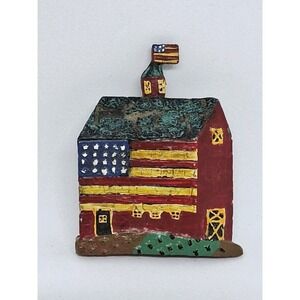 Vintage Carved Painted American Barn Brooch Pin Folk Art Patriotic Primitive Art